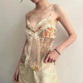 BXOXO Vintage Floral Print Strap Top Retro Y2k Lace Stitching V-neck Crop Tops Women Summer Casual Tees Aesthetic Harajuku Chic